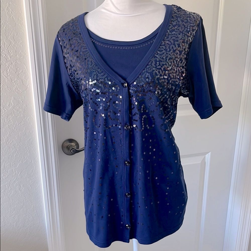 Quacker Factory Short Sleeve Blue Sequin set Interior tank Attached SZ M